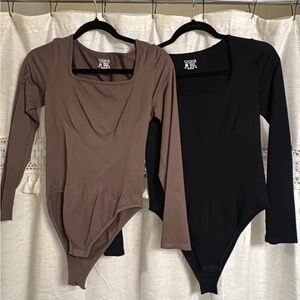 Chic Long Sleeve Bodysuit Set in Black and Brown